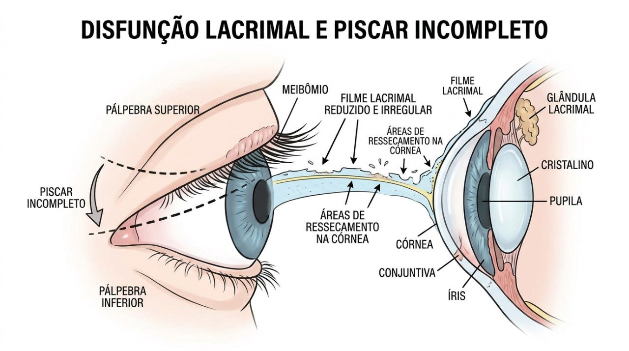 A redução da película lacrimal pode favorecer ardência, irritação e sensação de areia nos olhos.
