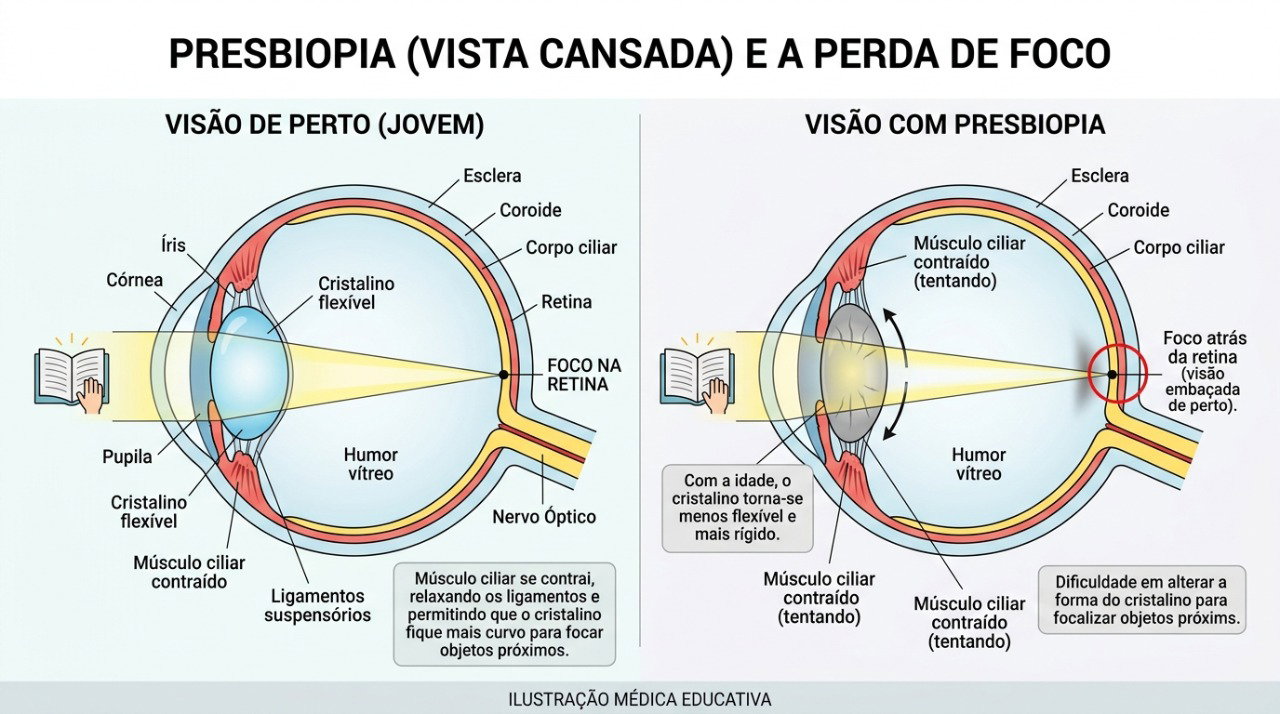 Com a idade, o cristalino perde flexibilidade e dificulta o foco em objetos próximos.