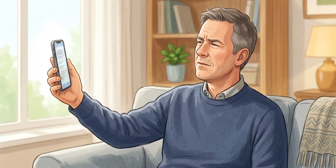A necessidade de afastar o celular para ler pode ser um dos primeiros sinais de presbiopia.