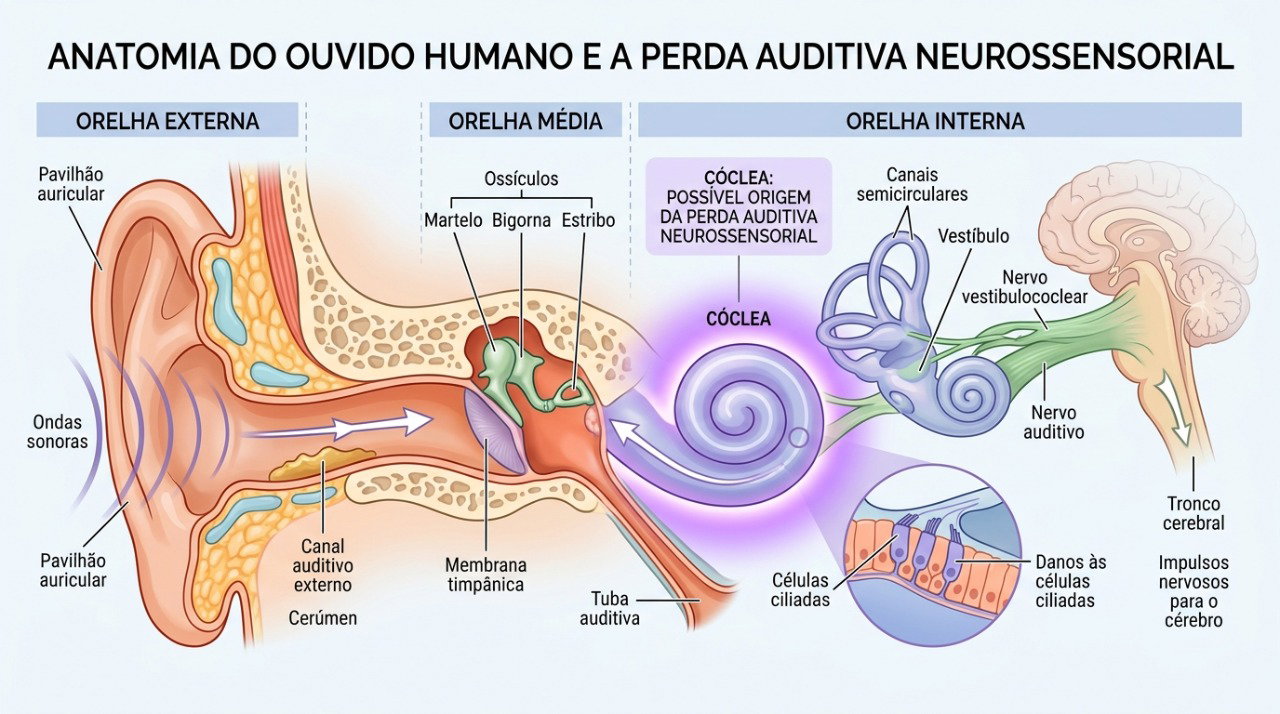 Alterações no ouvido interno podem causar perda auditiva neurossensorial súbita.
