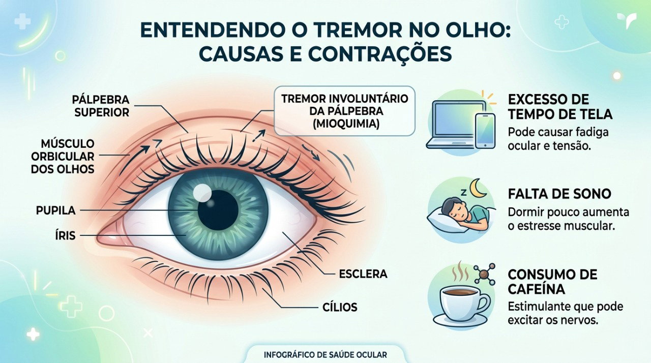 Cansaço visual, pouco sono e excesso de cafeína podem favorecer o tremor da pálpebra.