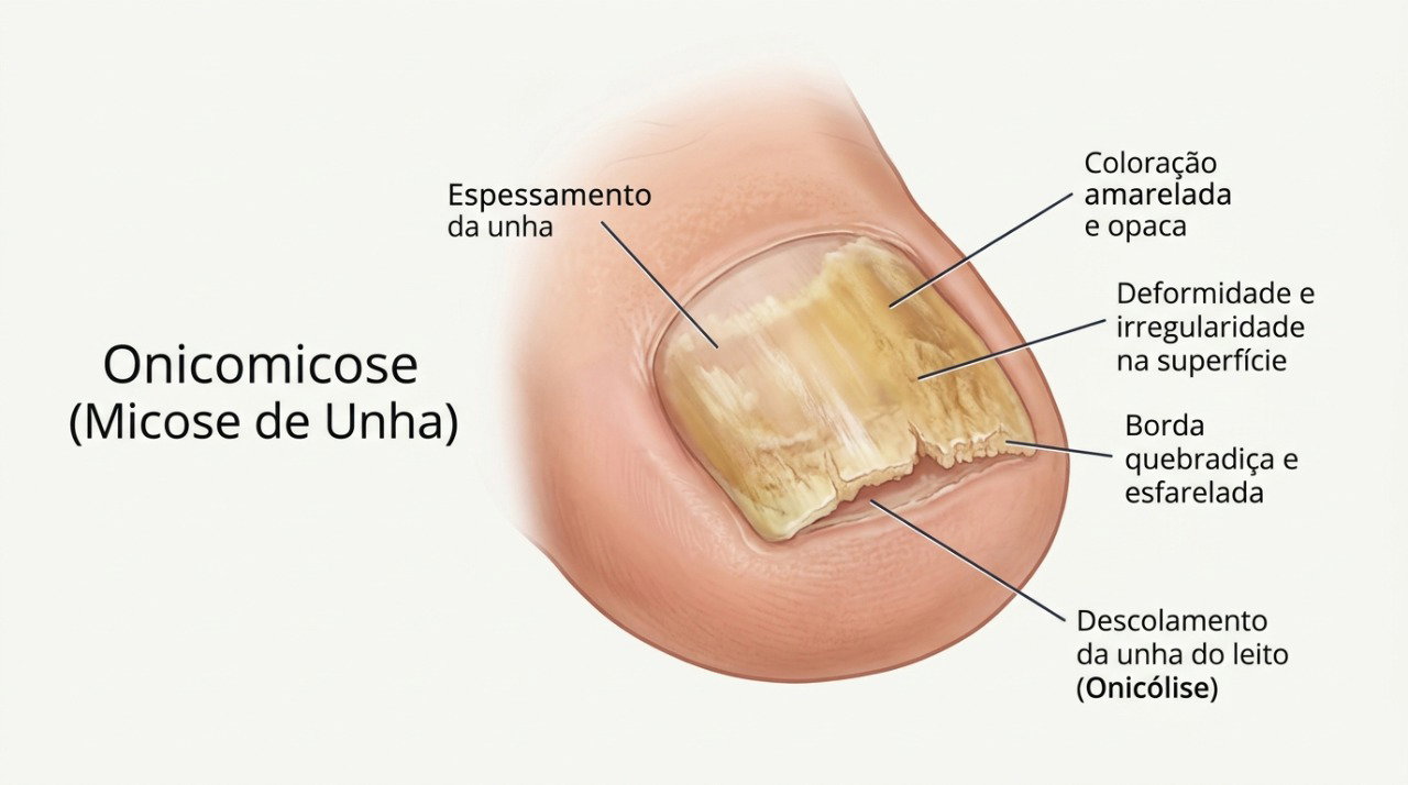 A onicomicose pode causar mudança de cor, espessamento e fragilidade da unha.