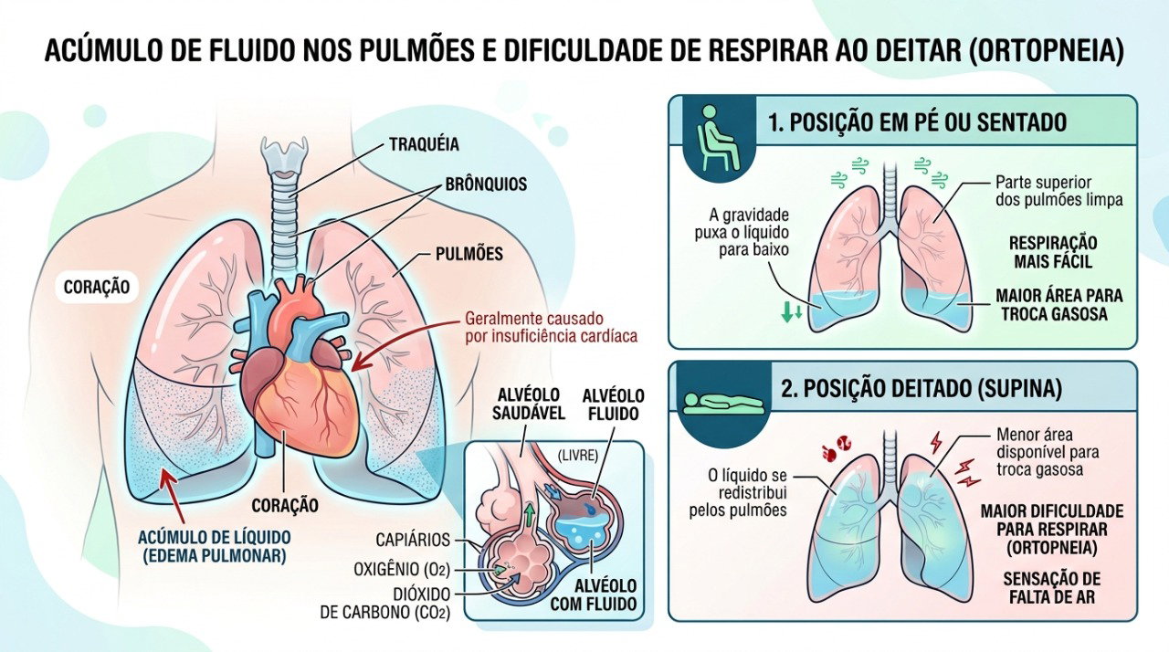 Alterações cardíacas com congestão pulmonar podem dificultar a respiração na posição deitada.