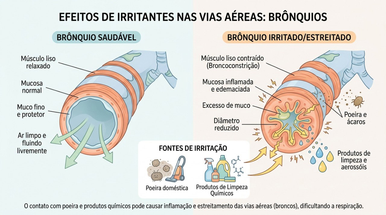 Poeira e substâncias irritantes podem inflamar e estreitar temporariamente as vias respiratórias.