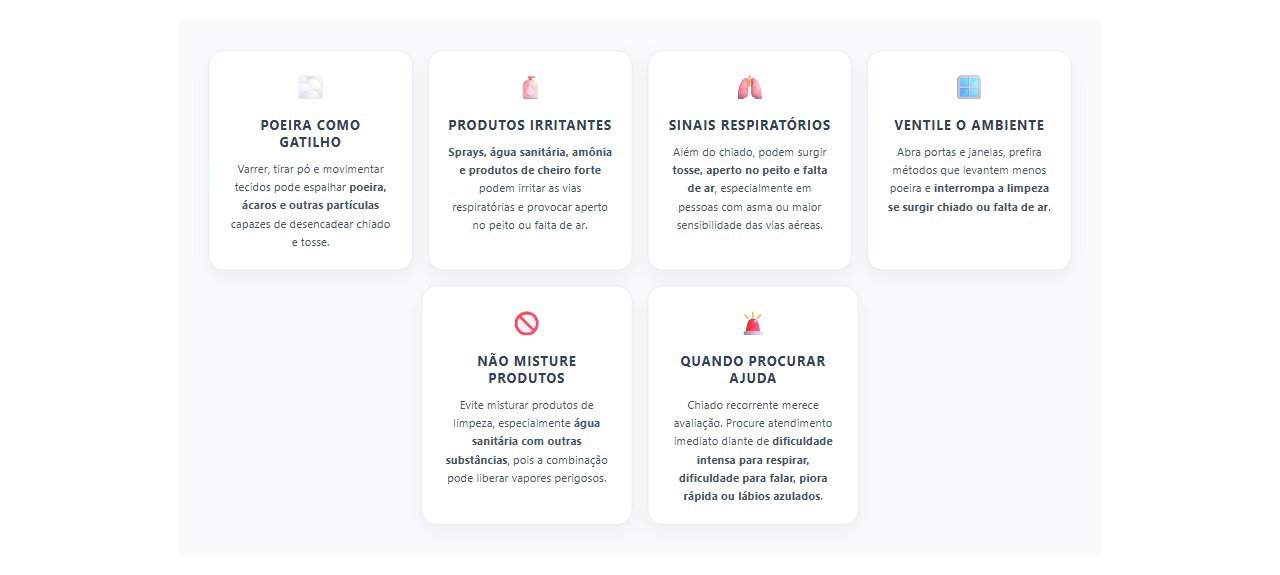 Chiado ao limpar a casa: poeira e produtos fortes podem irritar a respiração