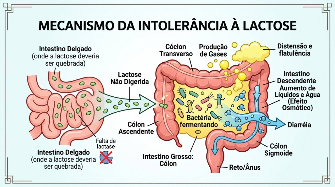 A lactose não digerida pode fermentar no intestino e provocar gases, inchaço e diarreia.