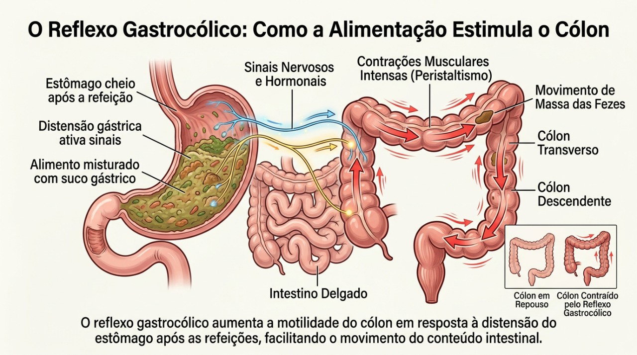 O reflexo gastrocólico estimula o cólon a movimentar fezes que já estavam no intestino.