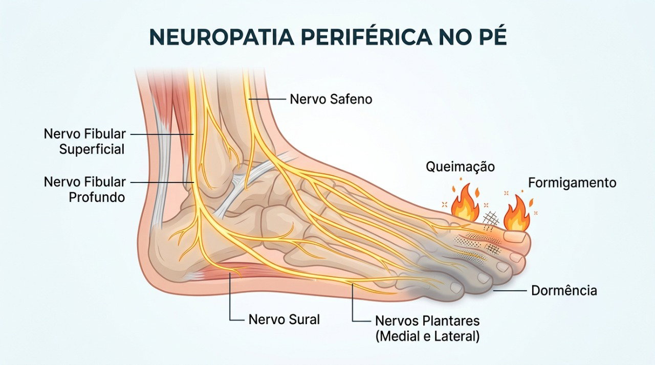 Alterações nos nervos periféricos podem provocar queimação, formigamento e perda de sensibilidade nos pés.