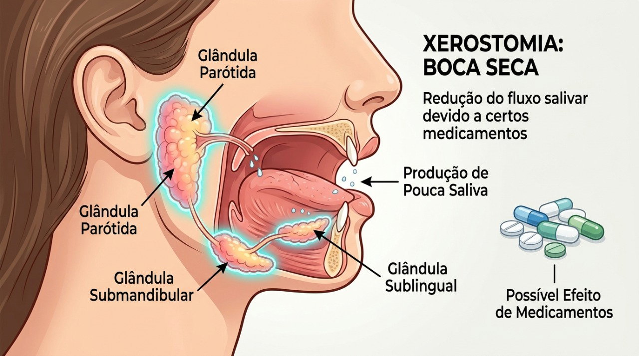 Alguns medicamentos podem reduzir a produção de saliva e causar boca seca persistente.