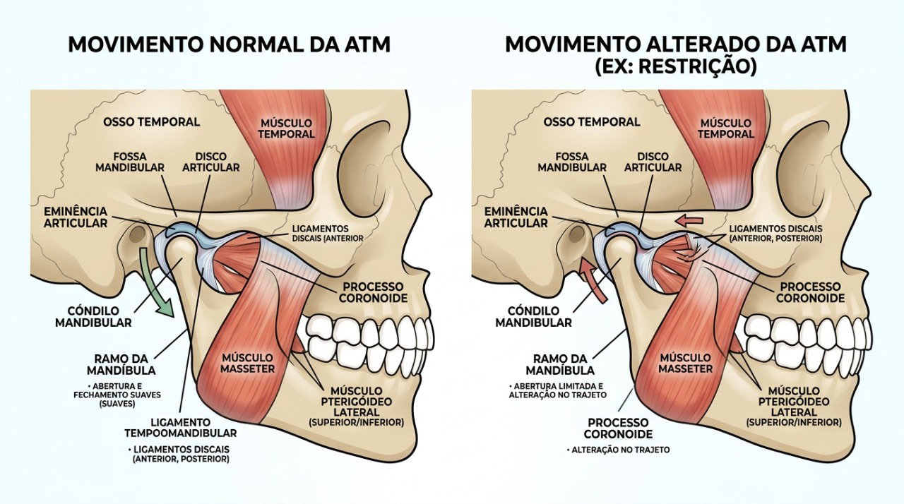 Alterações na articulação temporomandibular podem causar dor, rigidez, estalos e dificuldade de movimento.