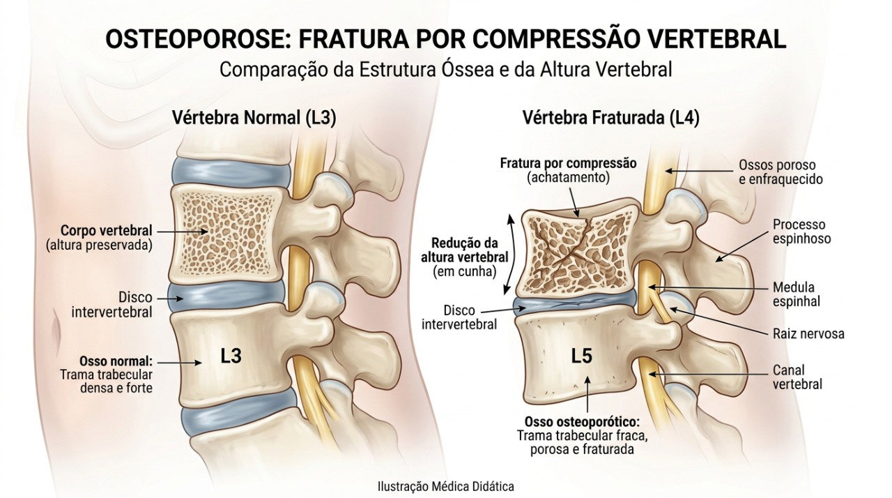 Fraturas por compressão das vértebras podem contribuir para perda de altura e postura encurvada.