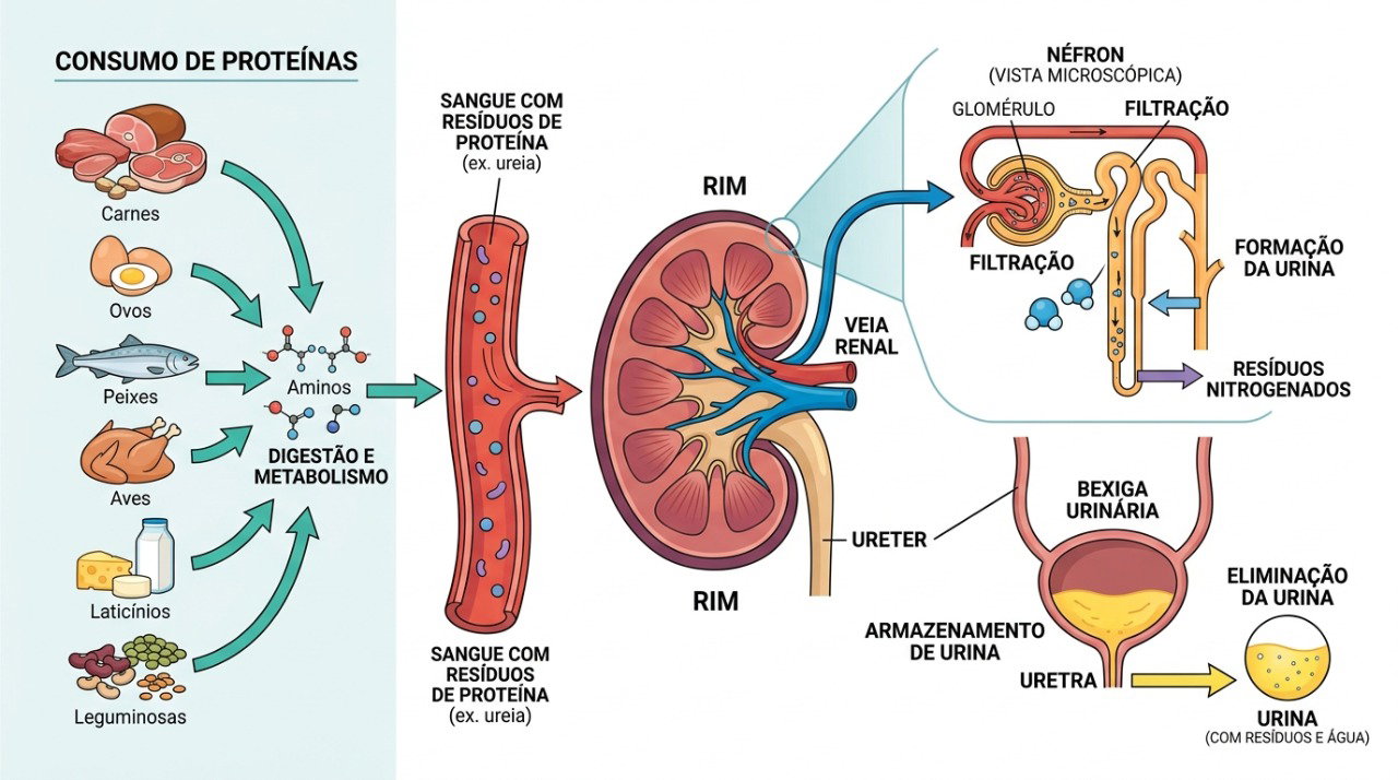 Os rins ajudam a eliminar resíduos formados durante o metabolismo das proteínas.