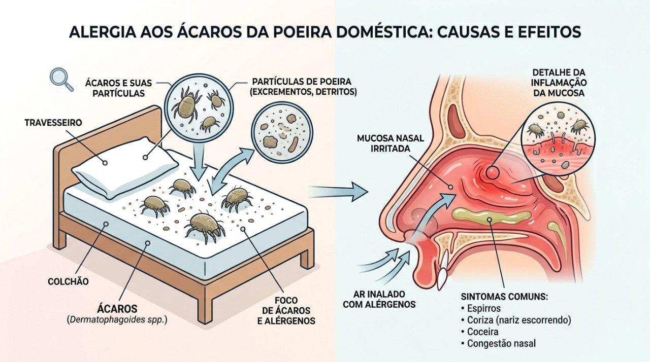 Ácaros presentes em colchões e travesseiros podem desencadear sintomas de rinite alérgica.