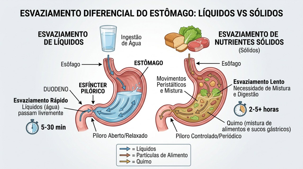 O estômago consegue lidar de forma dinâmica com líquidos e alimentos durante a digestão.