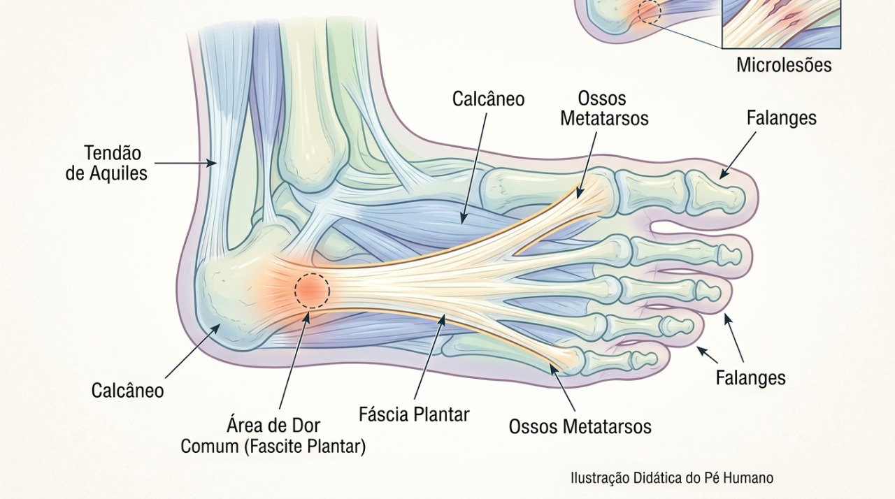 A fascite plantar causa dor na região do calcanhar ao tensionar a fáscia durante os primeiros passos.