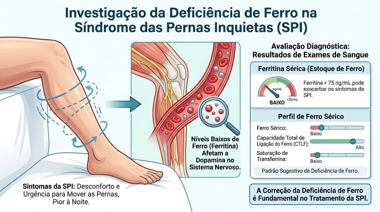 Exames de ferro podem fazer parte da investigação da síndrome das pernas inquietas.