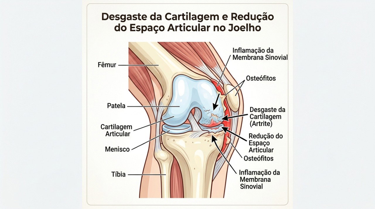 O desgaste da cartilagem pode contribuir para dor, rigidez e limitação dos movimentos do joelho.