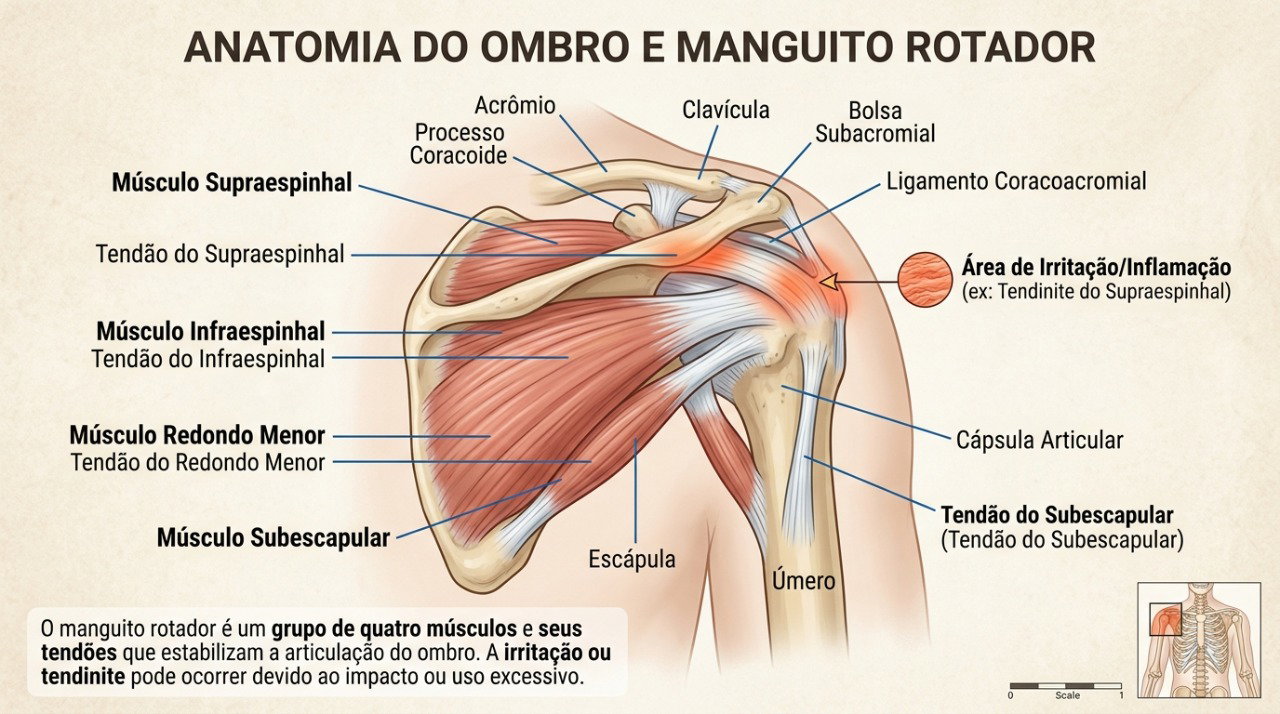 Alterações nos tendões do manguito rotador podem causar dor, fraqueza e dificuldade para elevar o braço.