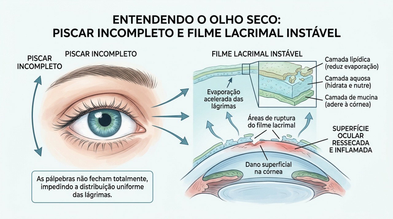 Piscar menos ou de forma incompleta pode favorecer a evaporação da lágrima durante o uso de telas.