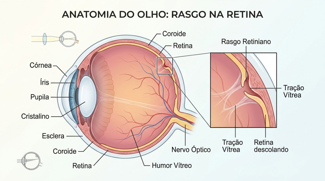 Alterações no vítreo podem estar associadas a rupturas na retina e precisam de avaliação quando surgem sintomas súbitos.