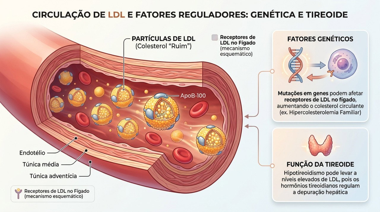 Genética, hipotireoidismo e outras condições podem contribuir para níveis elevados de colesterol LDL.