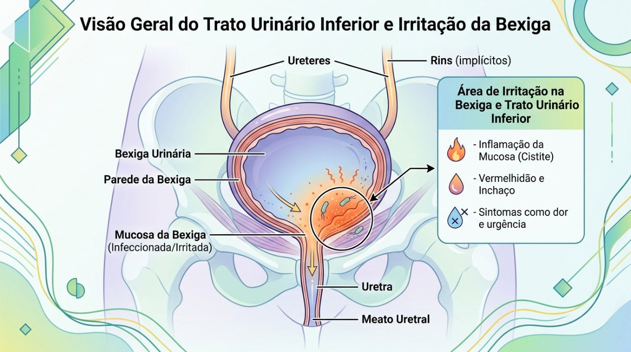 Irritação na bexiga e na uretra pode causar ardor, urgência e aumento da frequência urinária.