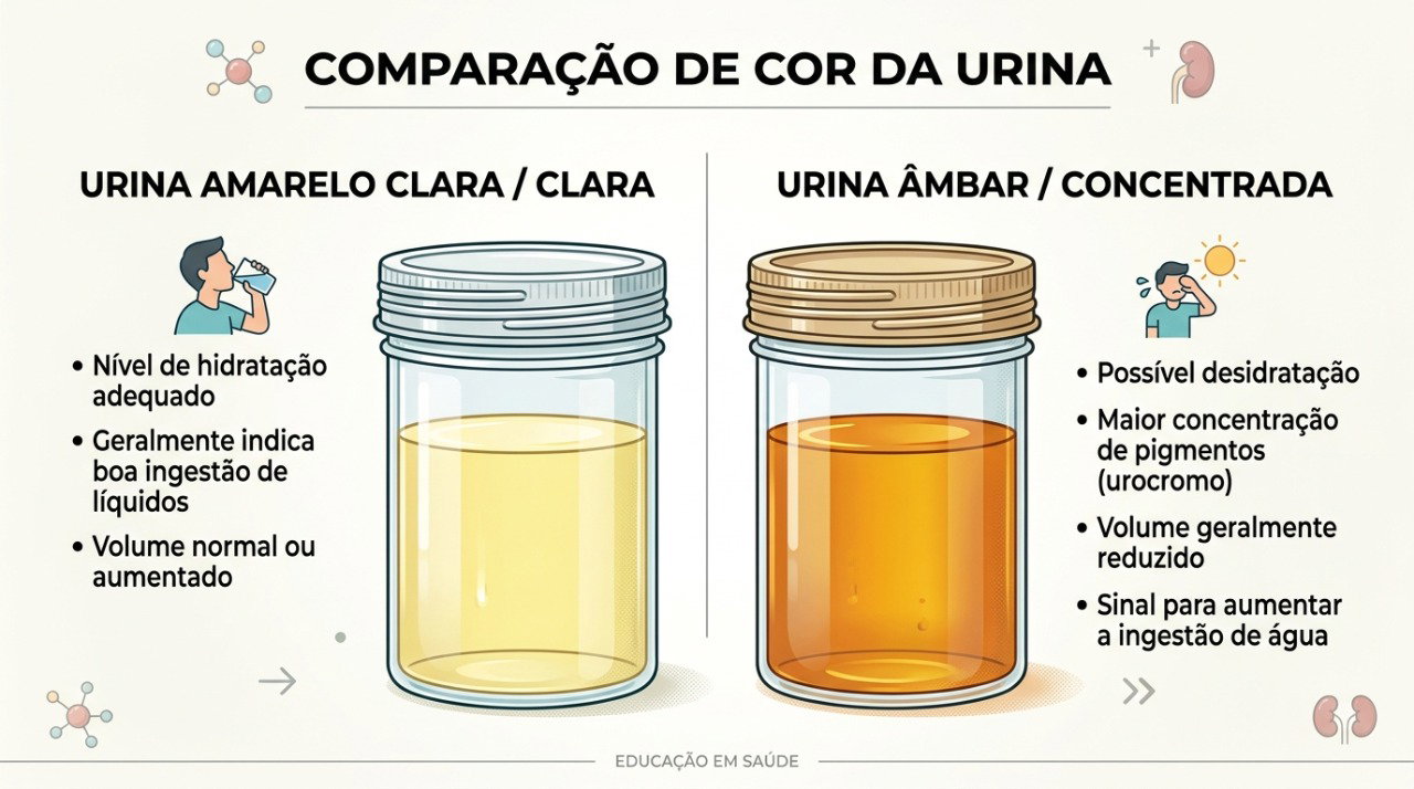 A cor da urina pode variar conforme a hidratação e outros fatores do organismo.