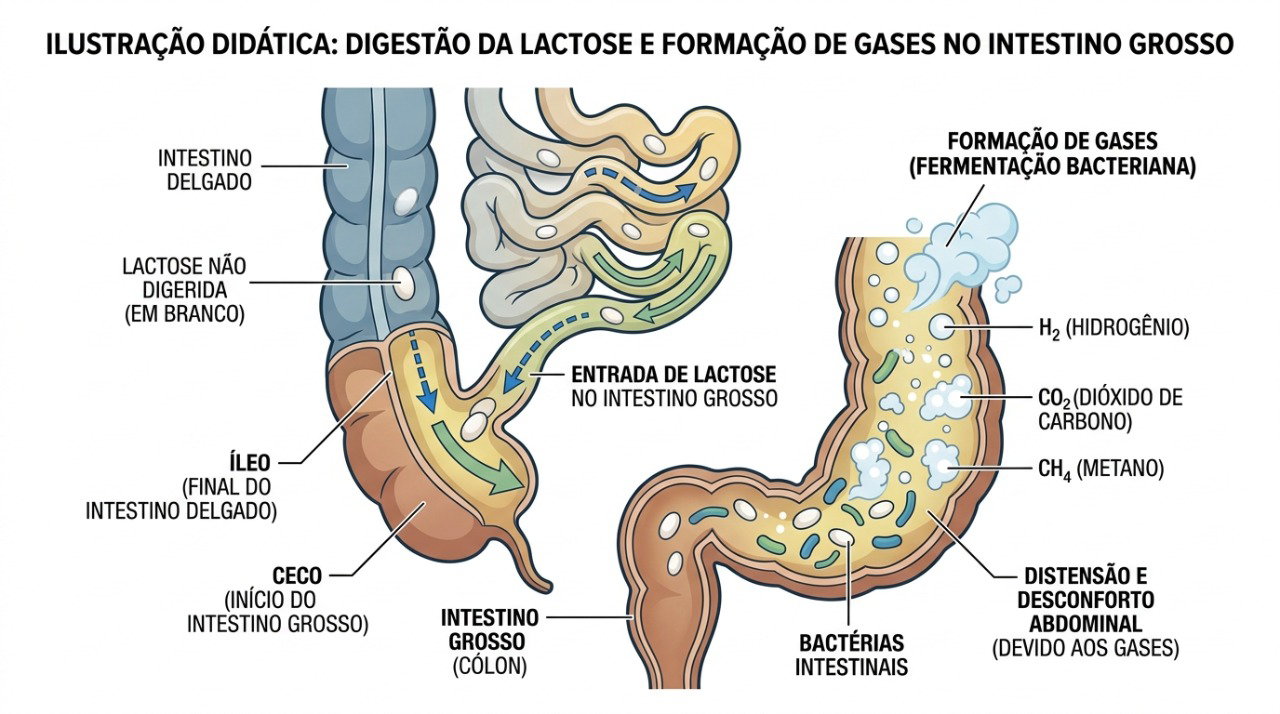 A baixa produção de lactase pode deixar a lactose sem digestão e favorecer gases, inchaço e diarreia.