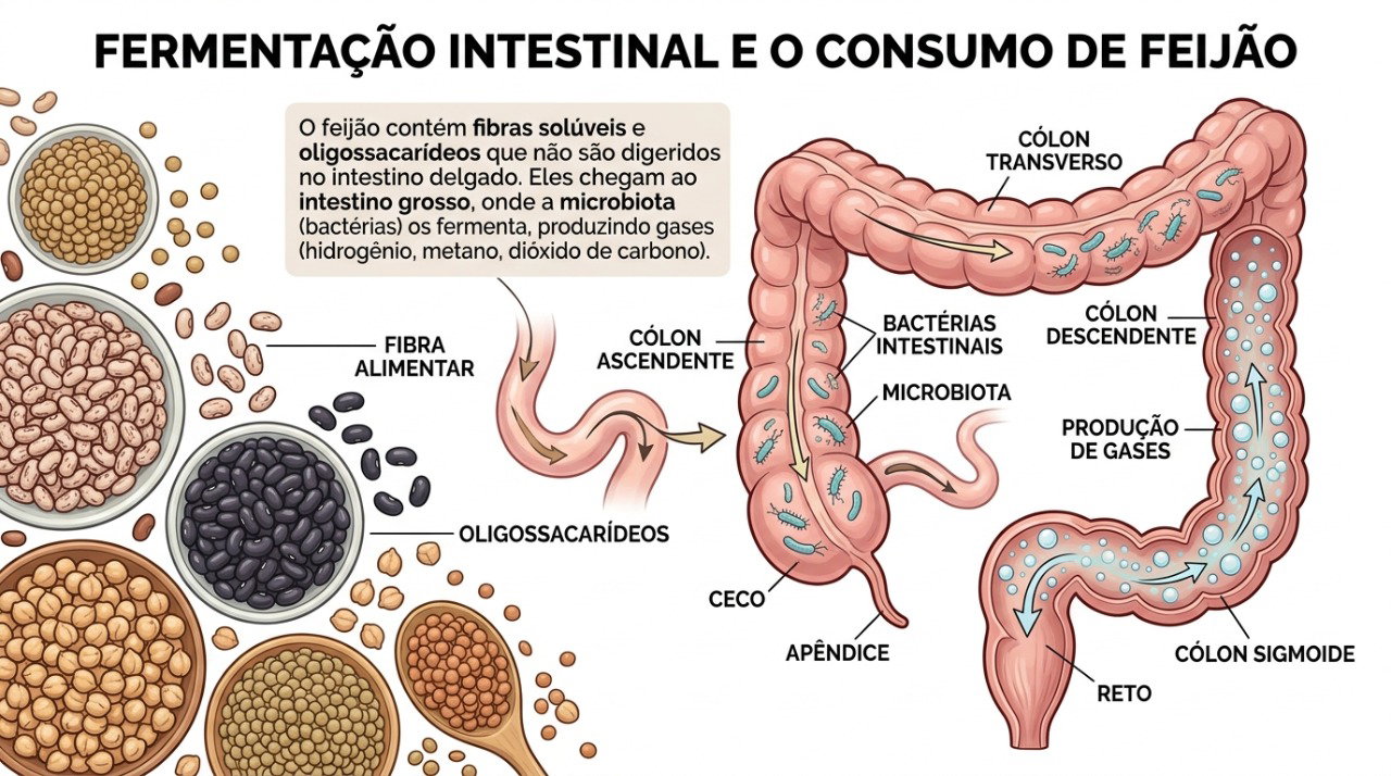 Parte dos carboidratos do feijão chega ao intestino grosso e pode produzir gases durante a fermentação.
