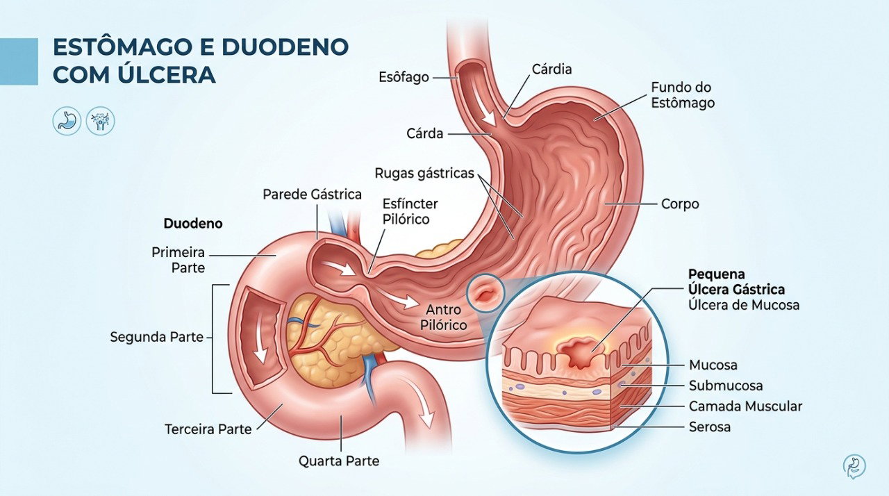 A úlcera péptica é uma ferida na mucosa do estômago ou do duodeno que pode causar dor e queimação.