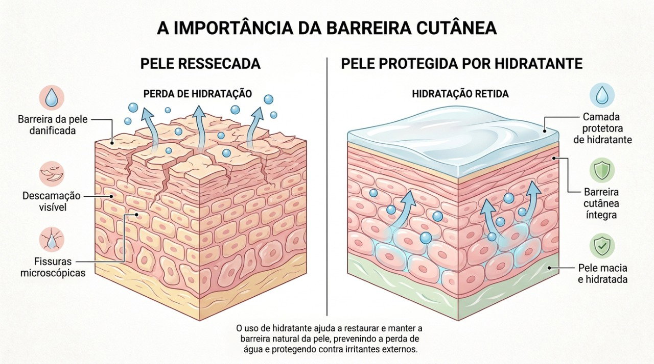 A pele ressecada perde água com mais facilidade, enquanto a hidratação ajuda a preservar sua barreira protetora.