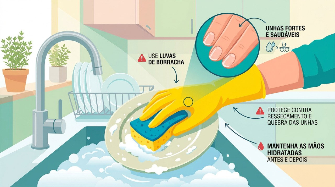 Usar luvas ajuda a reduzir o contato das unhas com água, detergentes e outros agentes irritantes.