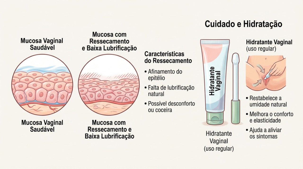 Hidratantes vaginais e lubrificantes podem ajudar a reduzir o ressecamento e o desconforto.