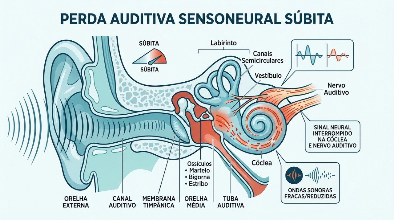 A perda auditiva neurossensorial súbita pode atingir o ouvido interno e exigir tratamento precoce.