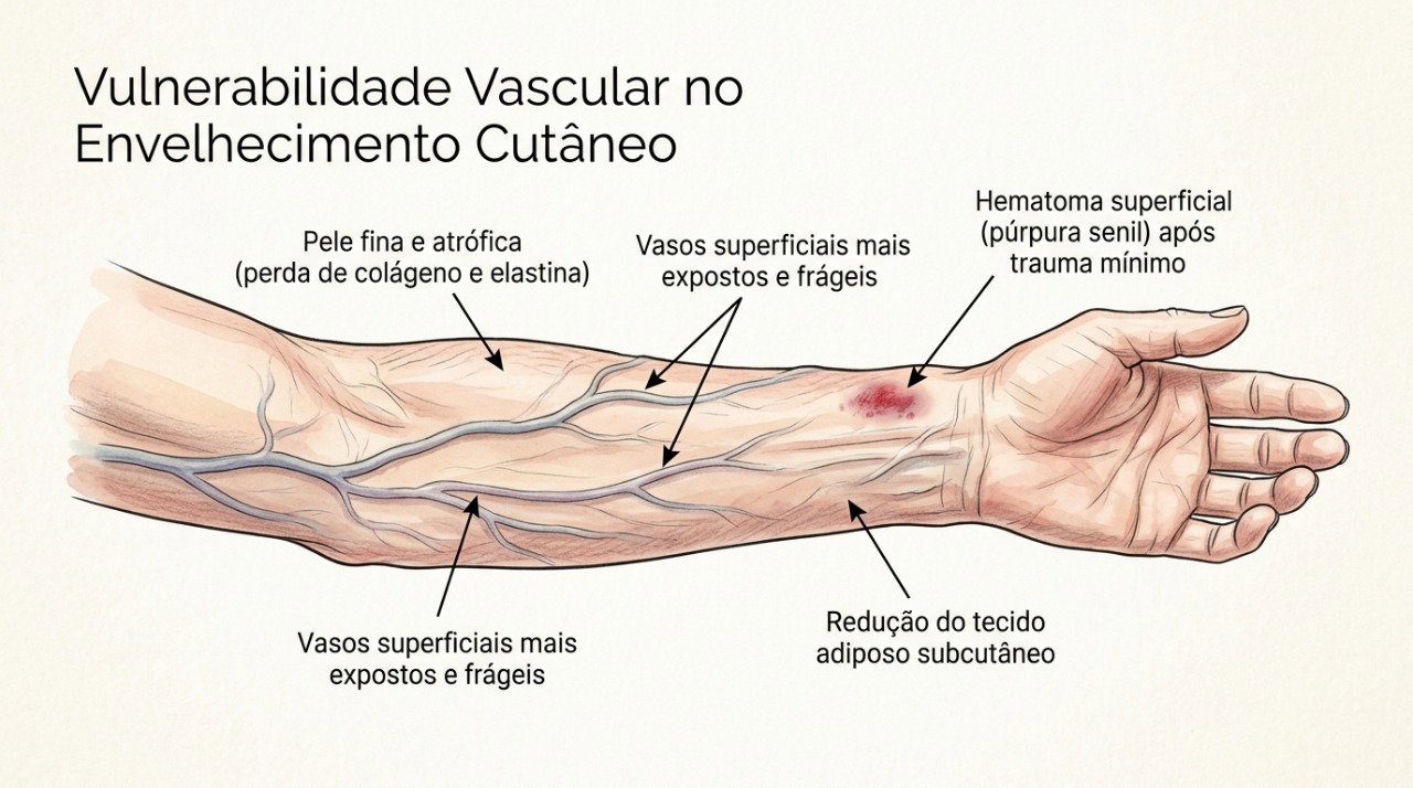 Com o envelhecimento, a pele mais fina pode facilitar hematomas após traumas leves.