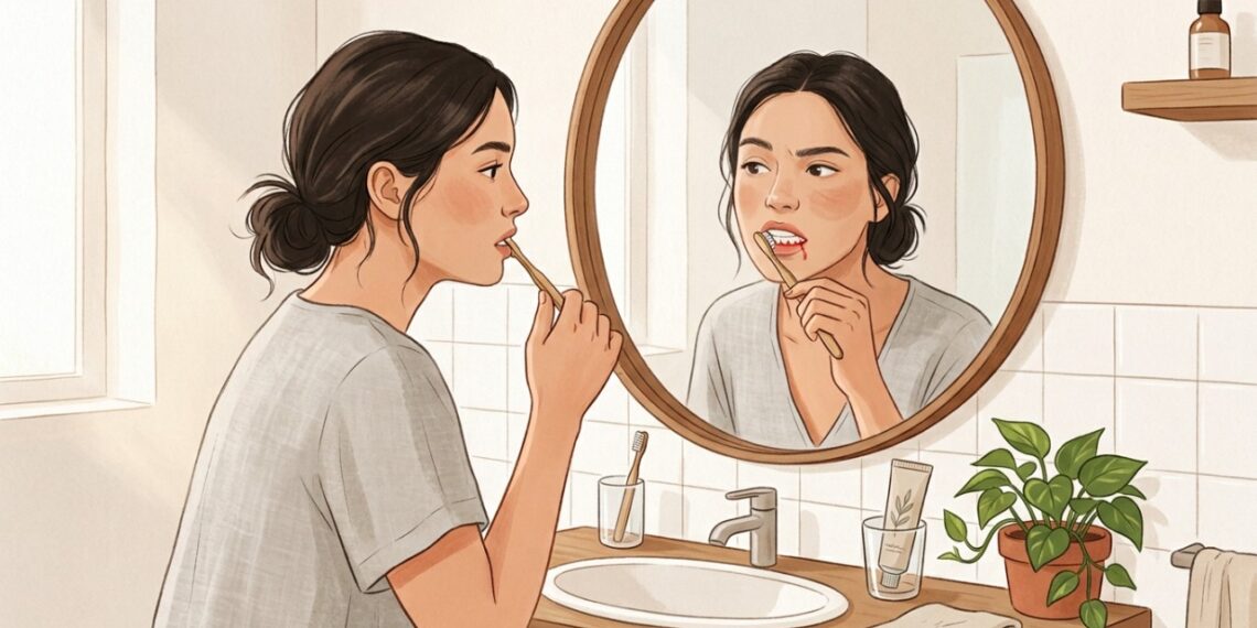 Gengiva sangrando durante a escovação pode ser um sinal inicial de inflamação.