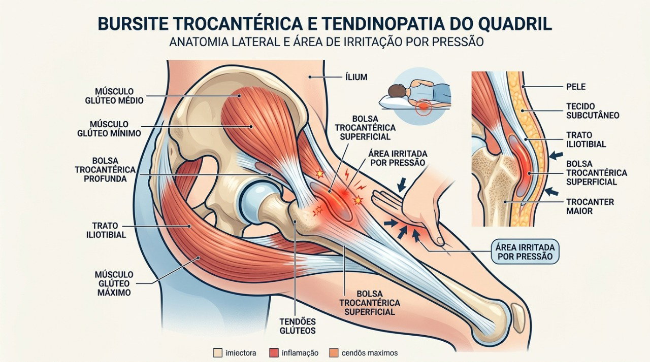 Bursas e tendões irritados na lateral do quadril podem ficar mais sensíveis à pressão.