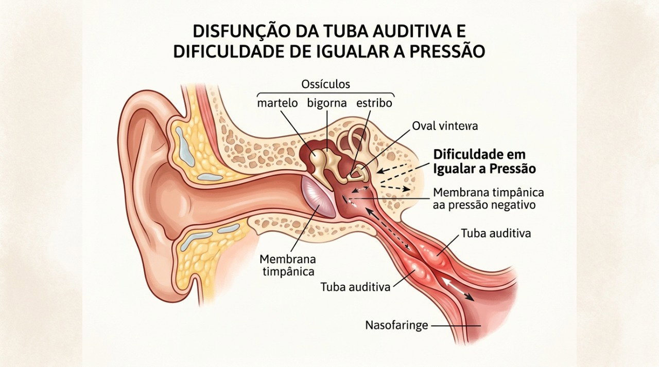 A inflamação da tuba auditiva pode causar pressão, estalos e audição abafada após um resfriado.