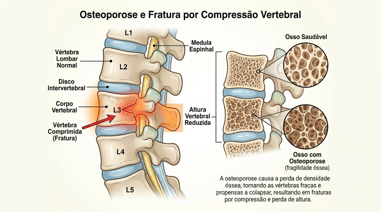 Fraturas por compressão das vértebras podem reduzir a estatura e estar relacionadas à osteoporose.