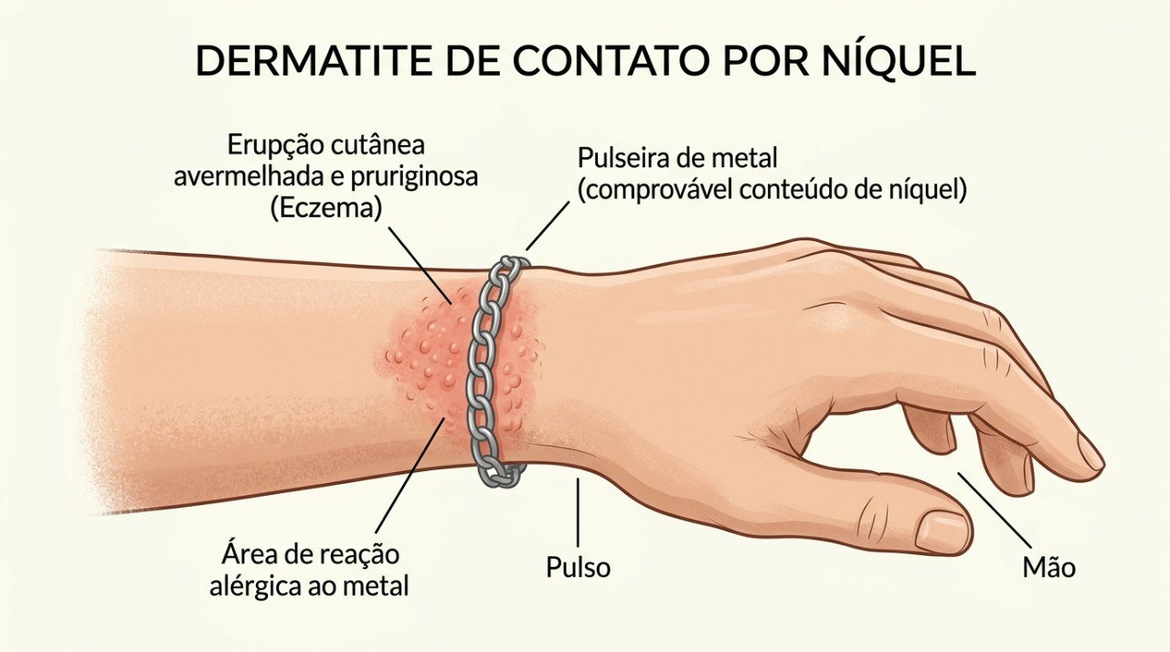 A dermatite de contato pode ficar concentrada exatamente na região da pele exposta ao metal.