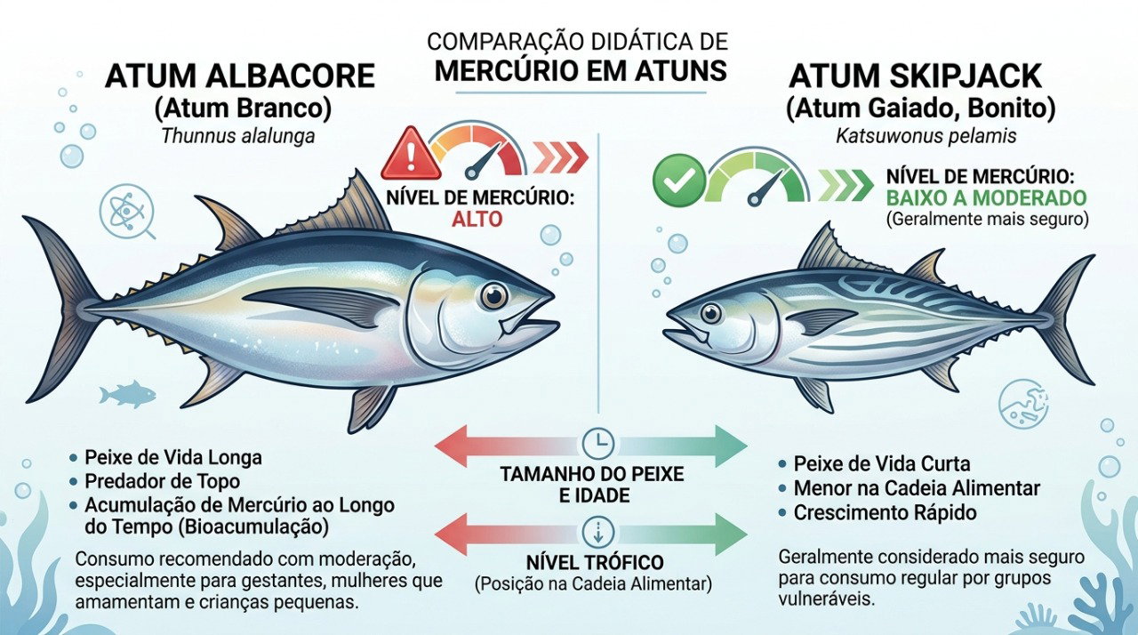 Espécies maiores e mais longevas, como o albacore, tendem a acumular mais mercúrio.