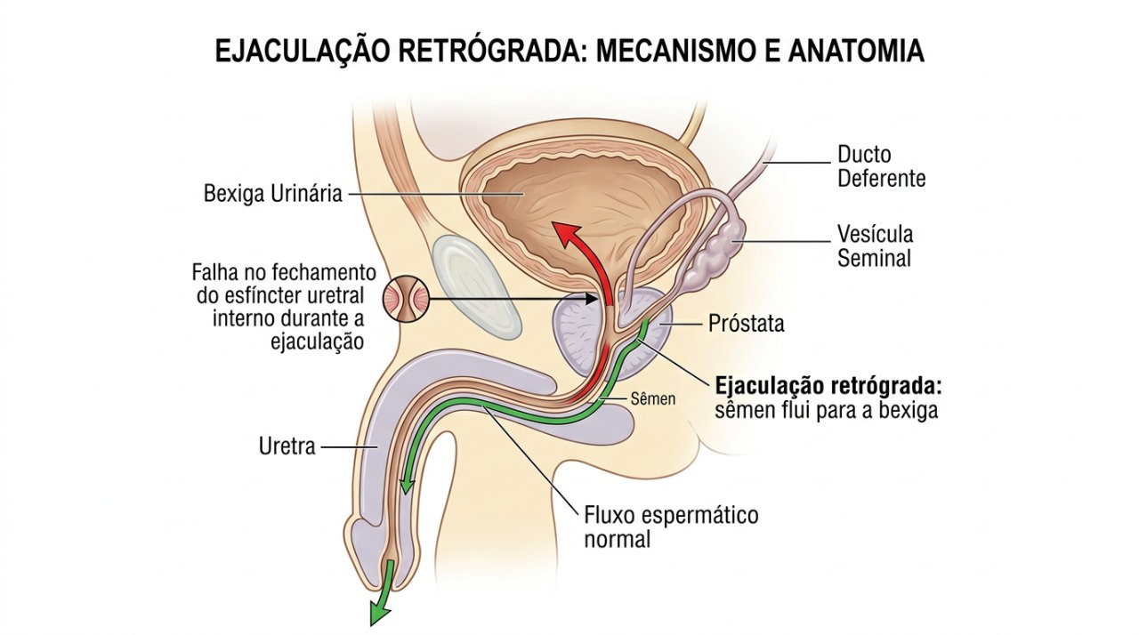 Na ejaculação retrógrada, o sêmen segue em direção à bexiga em vez de sair pela uretra.