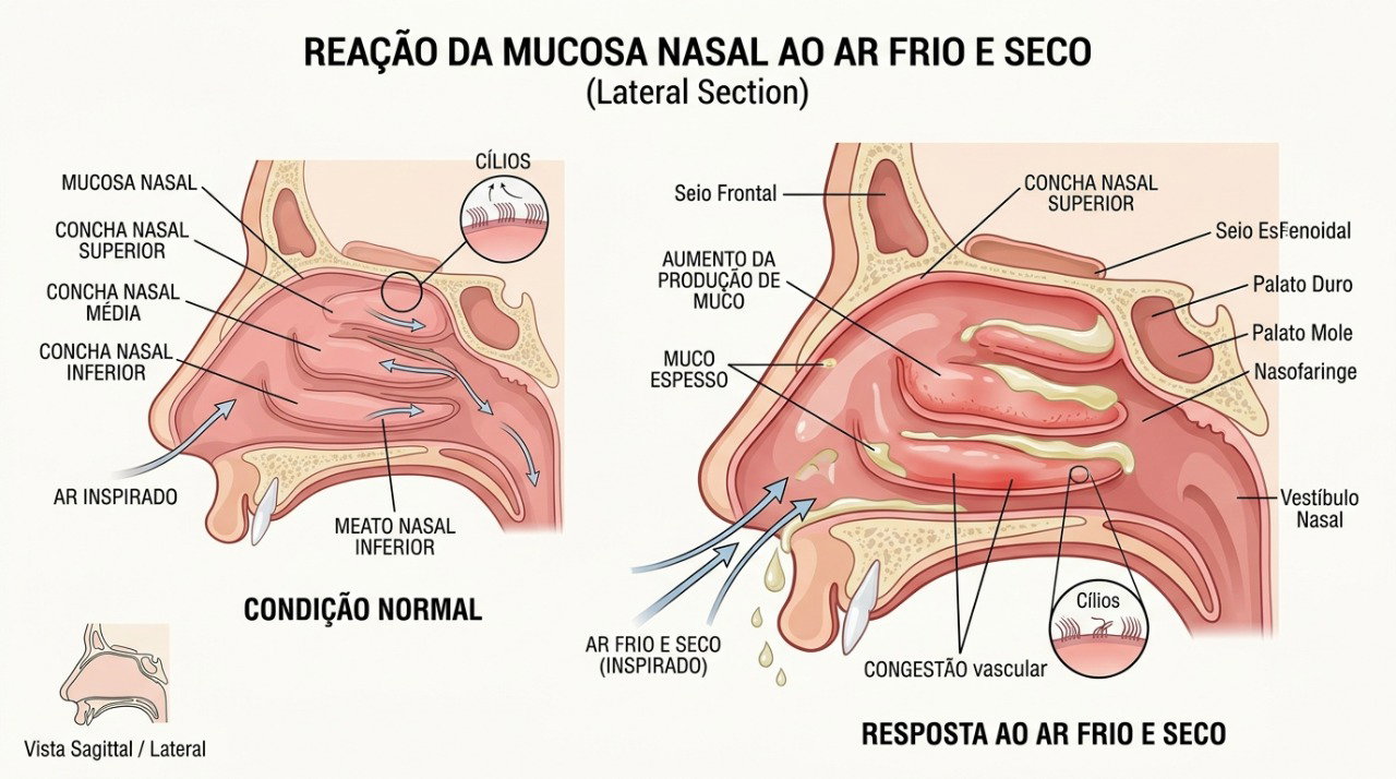O ar frio e seco pode estimular a mucosa nasal e aumentar a produção de secreção.