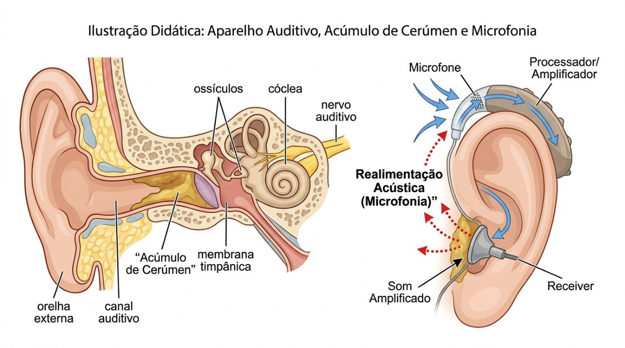 O acúmulo de cera e o vazamento de som podem favorecer o feedback do aparelho auditivo.