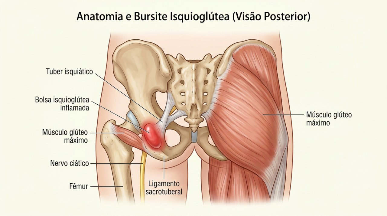 A bursite isquioglútea ocorre perto da tuberosidade isquiática, região que recebe pressão ao sentar.
