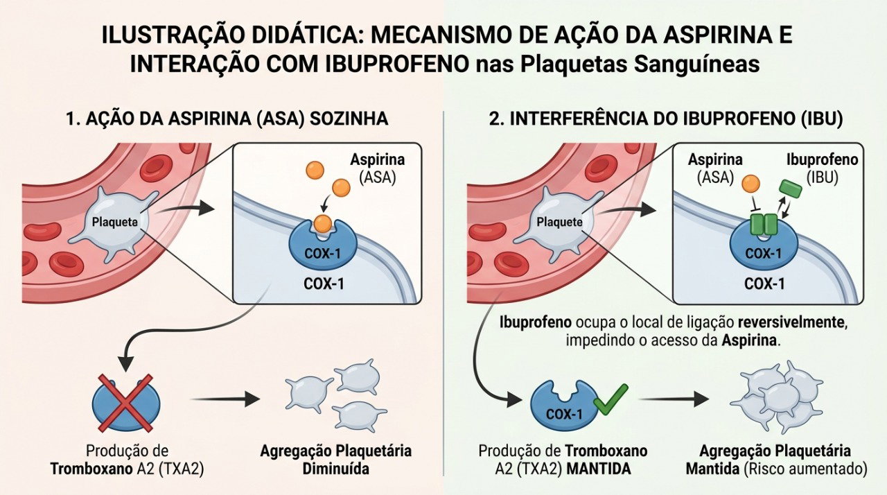 O ibuprofeno pode interferir no efeito antiplaquetário esperado da aspirina em determinadas situações.