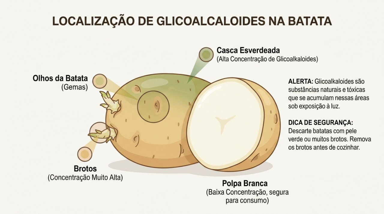 Casca verde, olhos e brotos podem estar associados a maiores concentrações de glicoalcaloides na batata.