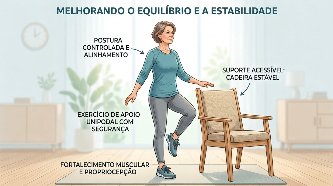 Exercícios de equilíbrio podem ser feitos perto de um apoio firme para aumentar a segurança.
