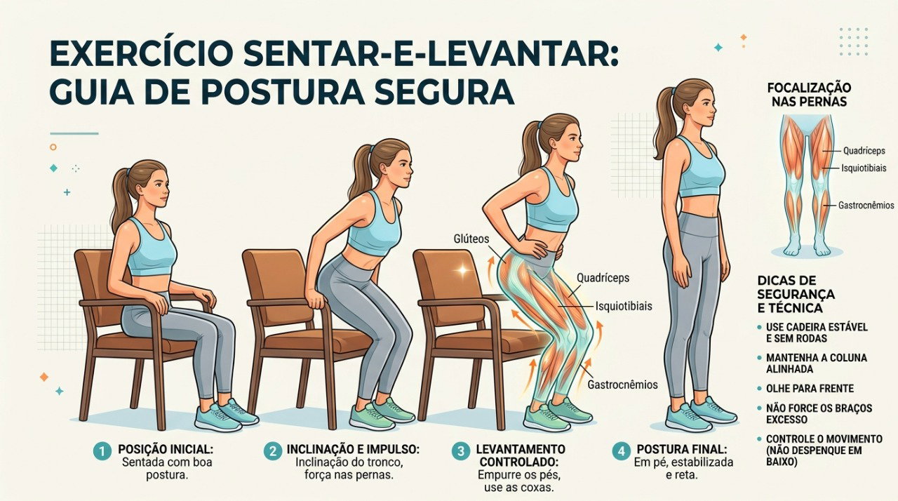 O exercício de sentar e levantar pode ajudar a fortalecer as pernas quando adaptado à capacidade individual.