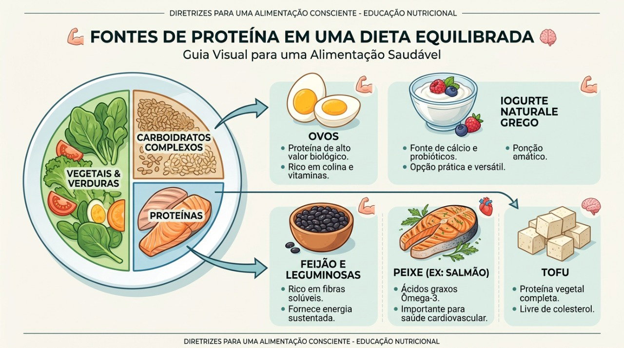 Alimentos variados podem fornecer proteína e outros nutrientes importantes ao longo do dia.
